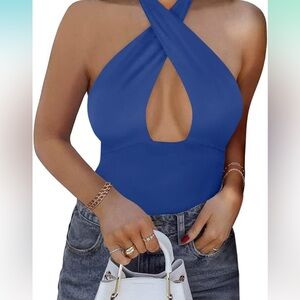 Blue cross neck/halter body suit! Never worn